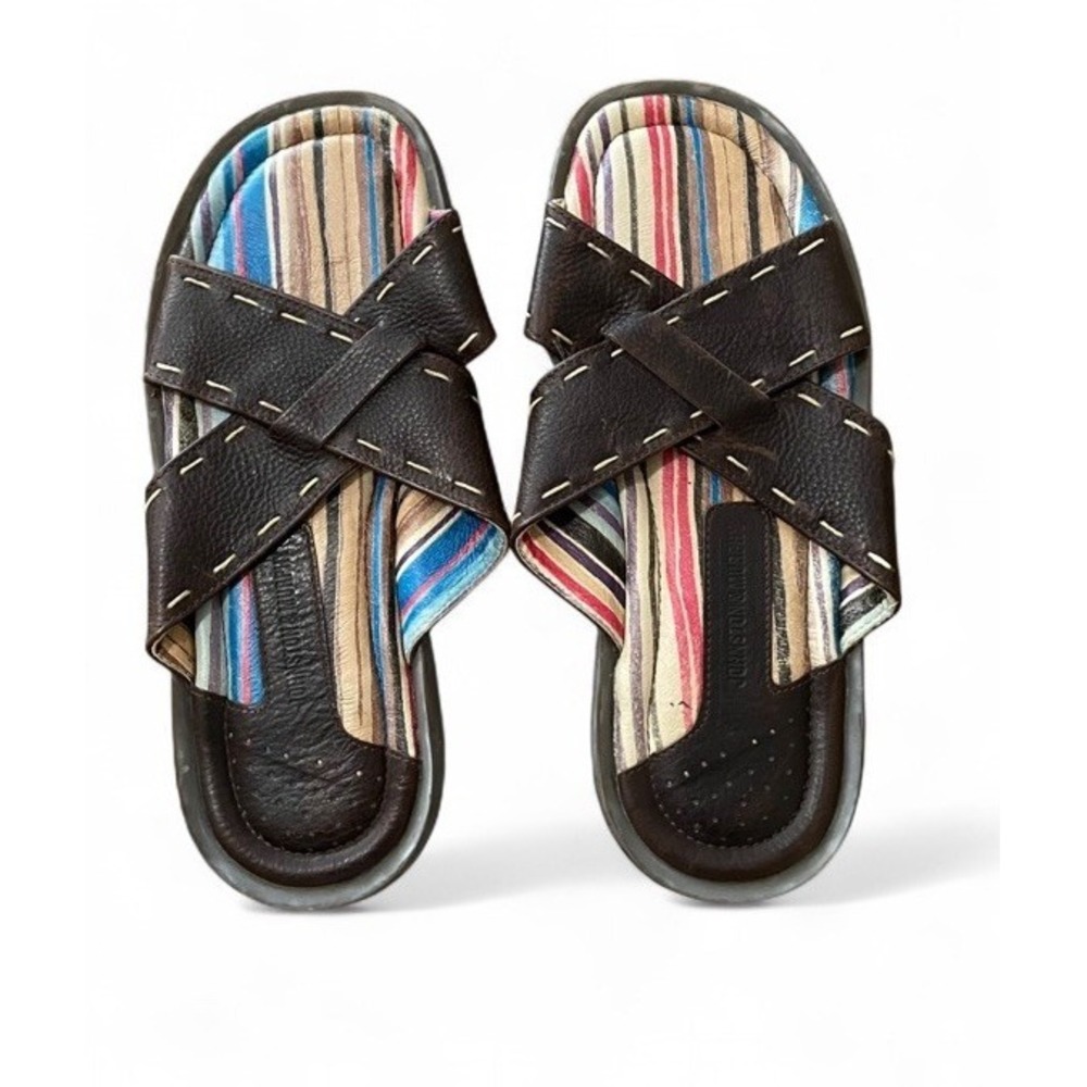 Johnston & Murphy Mens 11 Brown Leather Cross Strap Slide Sandals Comfort